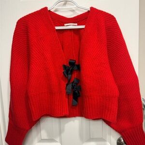 Anthropologie Red Knit Cardigan with Black Ribbon Bows